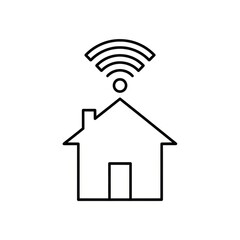A simple line drawing of a house with a wifi symbol above it in black and white minimalist style