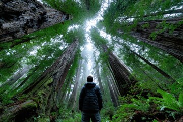 Exploring towering redwood trees in a dense forest during a misty morning
