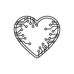 A heart shaped outline with circuit board design on a white background in a minimalist style art