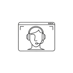 Outline drawing of a person with headset in a square frame representing a video call interface design