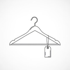 Outline drawing of a wooden clothes hanger with a tag hanging from it on a white background plain style