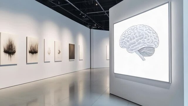 Bright art gallery interior featuring neurological brain diagram and minimalist artwork.
