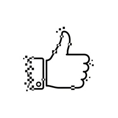 A digital thumbs up icon with pixelated edges in black and white against a plain white background