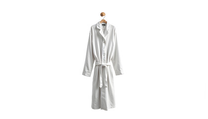 White bathrobe hanging from hook on a plain background  