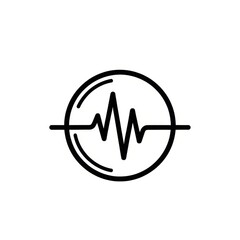 Black and white illustration of a waveform inside a circle with horizontal lines on each side of it