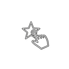 A hand touching a star icon outlined in black on a white background in a simple minimalist style