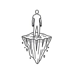 A person standing on a floating iceberg drawn in black and white against a plain white background art