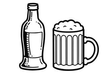 Cold lager or ale beer in a glass and bottle with foam and froth, a refreshing beverage illustration for your pub or bar design