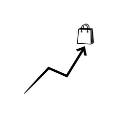 A shopping bag on top of an upward pointing arrow indicating growth in sales in a black and white image