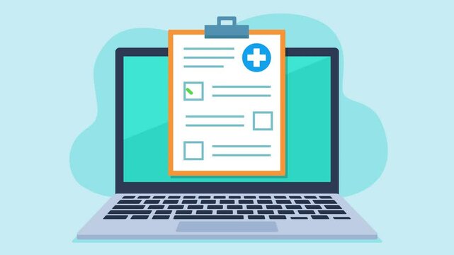 Checklist with marked test results and medical icons. The document is on the laptop screen. Medical results. Patient's health status. Video in flat disgn style. Heart, medicine and medical document.