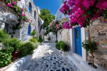 Fototapeta premium Colorful flowers lining a cobblestone street in a charming Mediterranean village