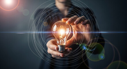 Discovery Light Bulb Hands Cupping Brightly Illuminated Bulb against Dark Background White Blue Light Streaks Swirling White Lines Energy Intellectual Activity New Idea Solution Innovation