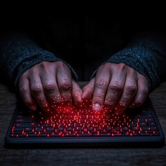 Hands Typing on Keyboard with Glowing Red Light Effect