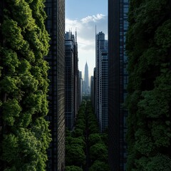Urban jungle with skyscrapers and green vegetation contrast