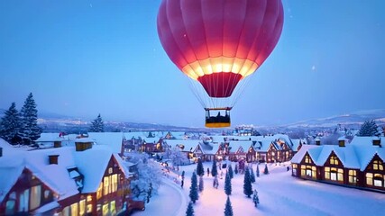 Majestic Hot Air Balloon Over Winter Village Filled with Snow and Lights - Powered by Adobe
