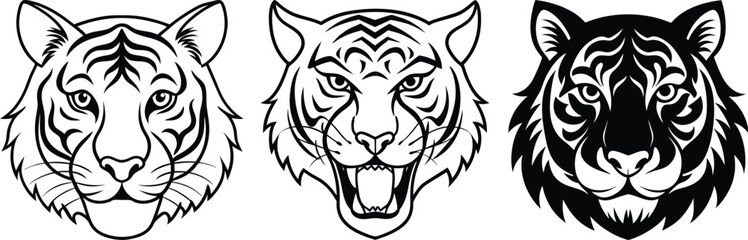 Vector art of three tiger heads, isolated on transparent background, each with a unique expression and style