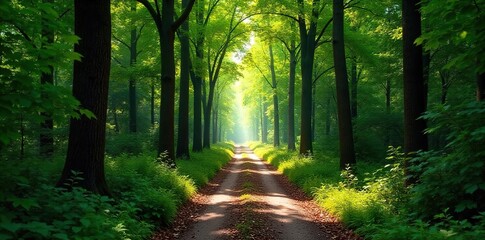 Obraz premium Winding Forest Path Dappled Sunlight Through a Canopy of Trees, Leading into a Lush Green Forest - Perfect for Travel and Adventure Imagery