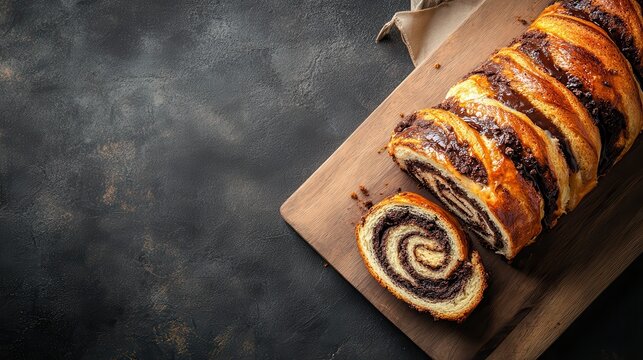 Sliced chocolate babka on a wooden board against a dark textured background. Showcase recipes, baked goods, or holiday treats with this photo.
