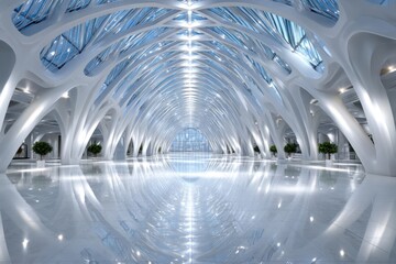 Fototapeta premium Modern architectural interior with a futuristic design and bright lighting at noon