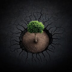Tree Growing from Cracked Earth Symbolizing Resilience and Hope
