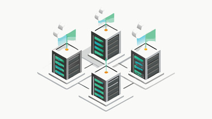 Isometric view of four server racks connected with cloud icons on top in a network setup