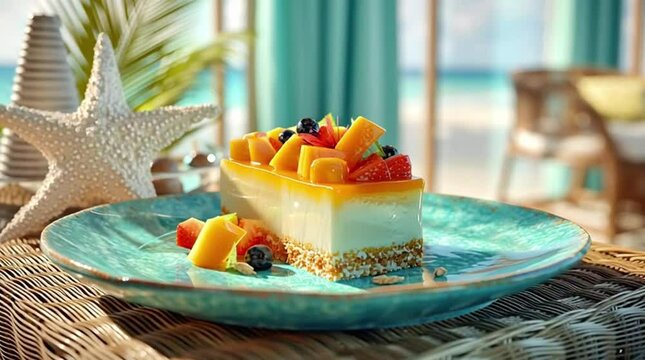A slice of mango cheesecake with a tropical fruit topping, served in a coastal setting. Slow arc shot. 4K.
