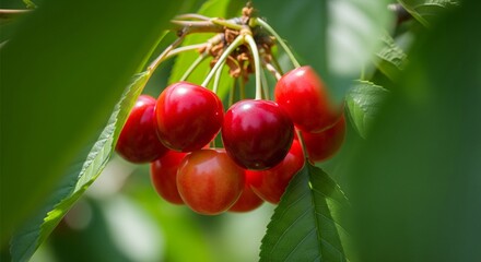Angle through blurred leaves framing a sharp focus on a cluster of ripe cherries in natural sunlight