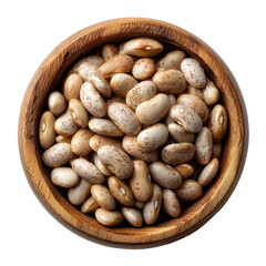 Obraz premium Pinto beans in wooden bowl close up for food and healthy eating concept isolated on transprint background