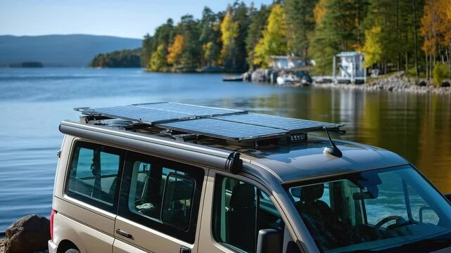 Solar panel van roof near lake with forest and hills water vehicle travel renewable energy outdoor nature transportation eco friendly power green