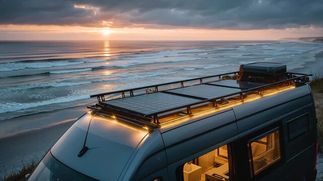 Camper van with solar panel and roof rack at sunset by ocean waves on beach, warm interior light glowing, peaceful eco friendly travel experience
