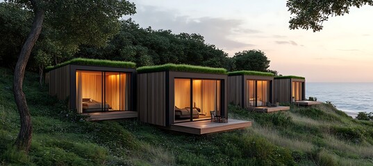 Modern Modular Eco Cabins Featuring Lush Green Roofs Positioned Peacefully Beside a Remote Coastal Forest Hiking Trail