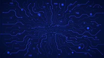 circuit board, artificial intelligence, CPU mother board with connecting paths and electric components in blue background template