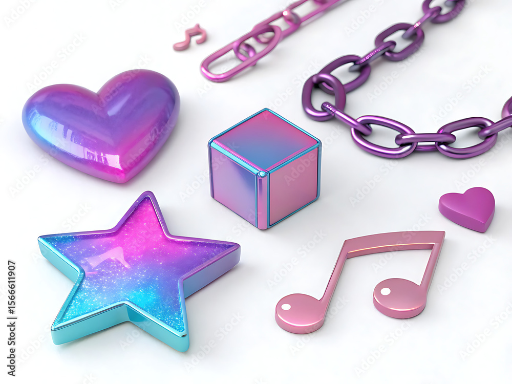 Fototapete iridescent objects including a heart star cube chain and musical notes on a white background