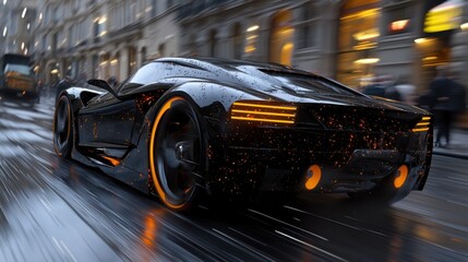 A modern black sports car with orange highlights races down wet city streets during evening hours. The rain glistens on its surface, reflecting city lights