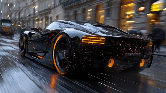 A modern black sports car with orange highlights races down wet city streets during evening hours. The rain glistens on its surface, reflecting city lights
