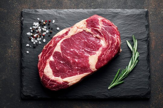 A raw ribeye steak with salt pepper and rosemary sprig sits on a dark slate board