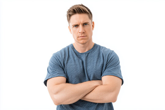 A man with a determined facial expression, arms crossed, legs slightly apart in a power pose, looking  with intensity, isolated 