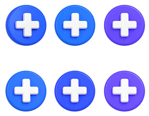 Obraz premium Six round plus icons in blue shades, 3D render, against a dark background