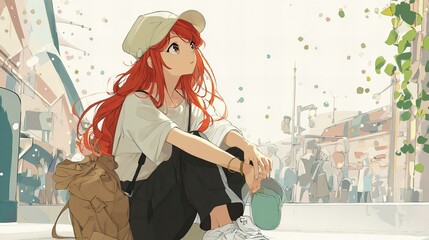 light red hair 20s age anime girl