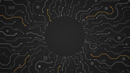 circuit board with grey wire connecting paths with tech yellow lines in circle background template
