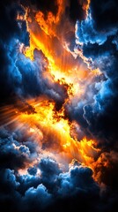 Fototapeta premium A stunning sunrise bursts through dark clouds, creating a vivid spectacle of orange and yellow rays surrounding deep blue. This breathtaking moment captures nature's beauty and power