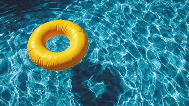 Bright yellow inflatable ring drifting across sparkling blue pool water, embodying carefree summer leisure with vivid color and relaxed poolside atmosphere