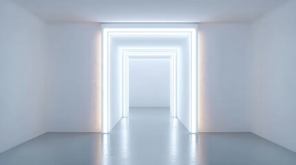 Fototapeta premium Sleek white corridor with vibrant neon lighting casting luminous patterns across surfaces, representing cutting edge architectural minimalism and technological aesthetic