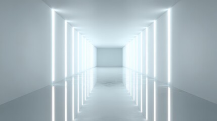 Obraz premium Sleek white hallway with luminous vertical lighting casting reflections on polished floor, embodying contemporary minimalist design and architectural sophistication
