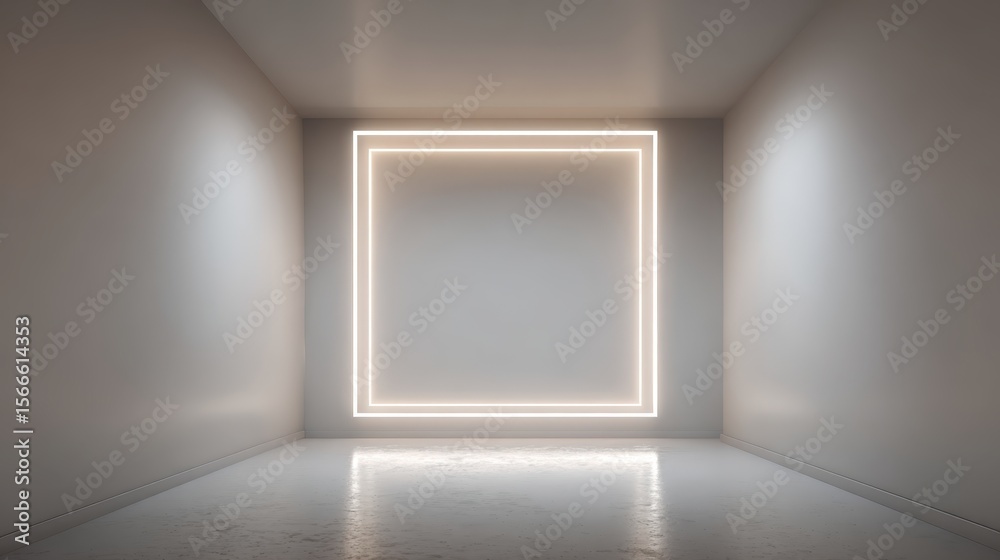 Fototapete Modern minimalist interior featuring an empty room with a large, glowing rectangular frame illuminating pristine white walls and polished floor, creating a serene ambiance
