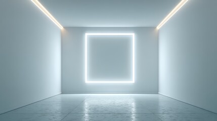 Minimalist interior showcasing luminous square frame mounted on wall, contemporary ceiling lighting creating sleek, futuristic exhibition space with clean design aesthetic