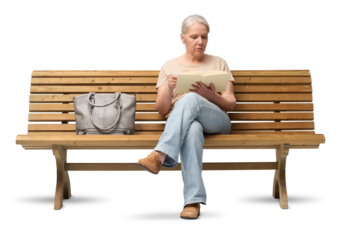 Mature woman in her 50s sitting on a wooden bench, reading a book. Studio shot isolated on white background. She is casually dressed