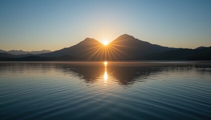 Sunrise over mountains reflected in calm lake water.