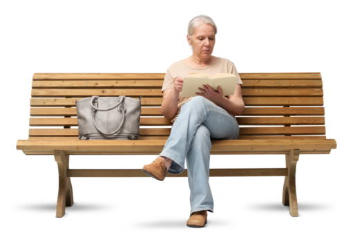 Mature woman in her 50s sitting on a wooden bench, reading a book. Studio shot isolated on white background. She is casually dressed