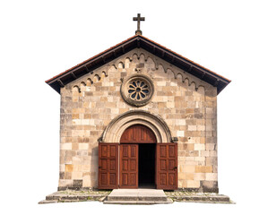 Fototapeta premium Ancient stone church with open wooden doors and a prominent cross on its traditional tiled roof